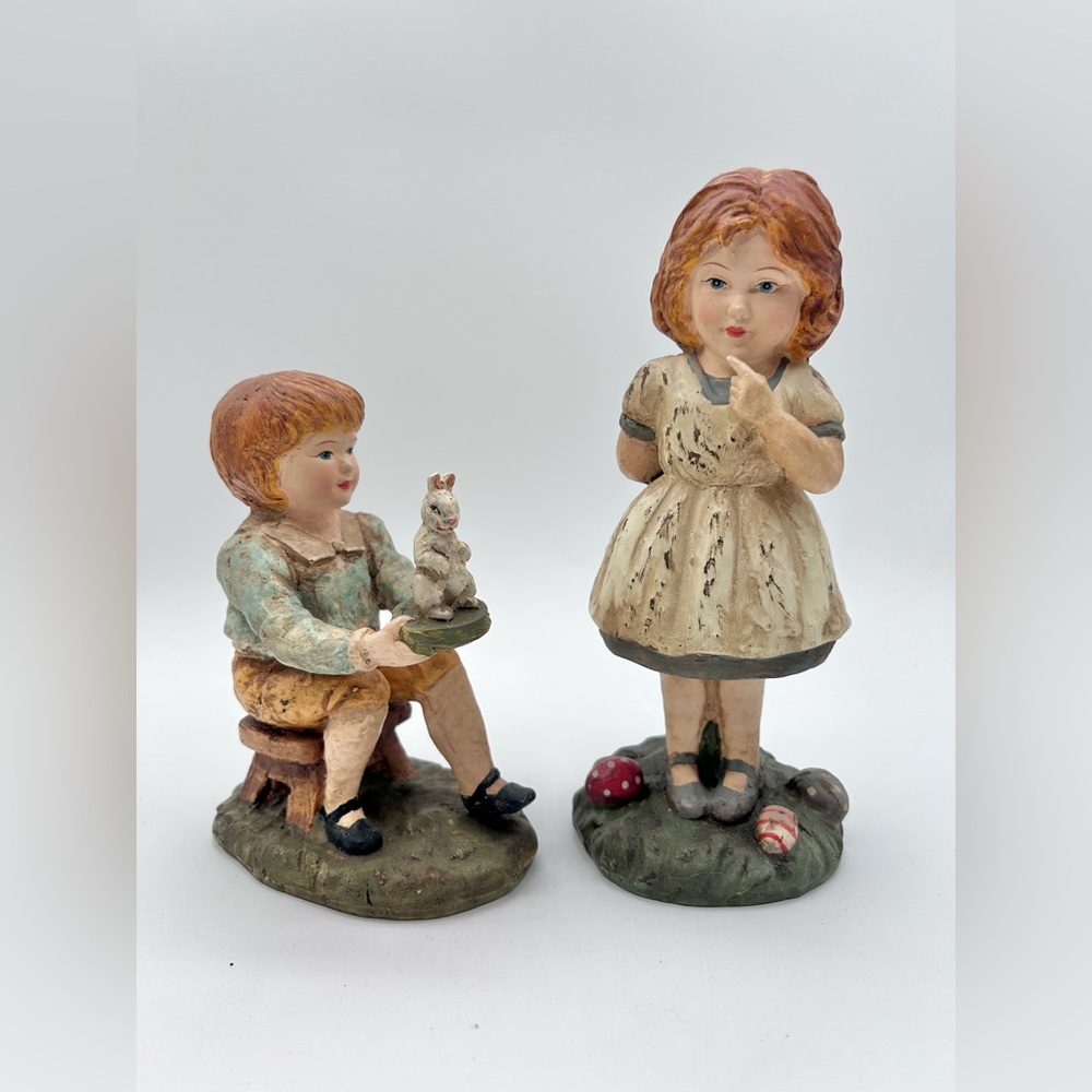 Easter Figurines Boy Girl Egg Hiding Distressed Painted Resin Modern Set of 2